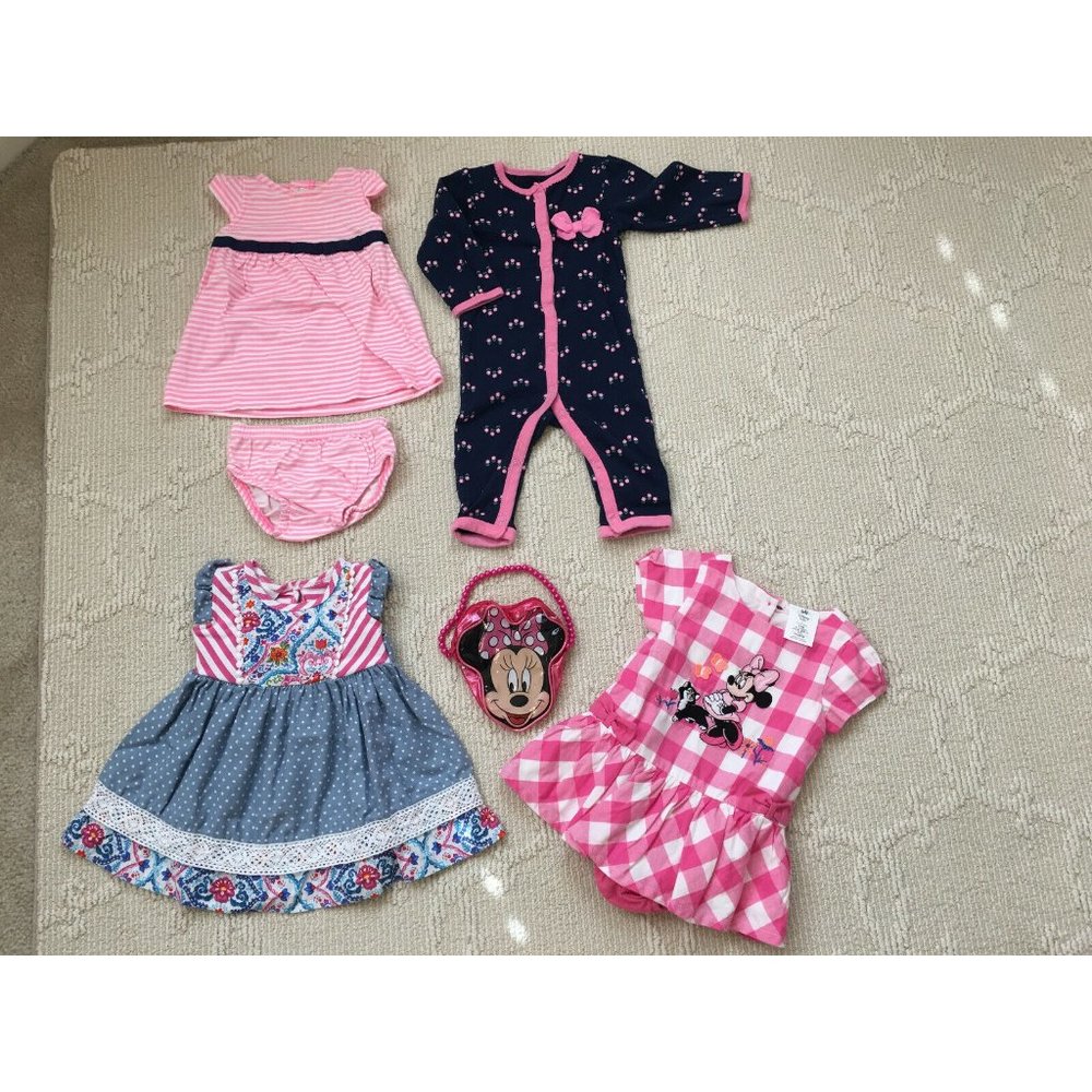 Lot of 4 Baby Girls Dress Clothes Size 3-6 M & Free Minnie Handbag